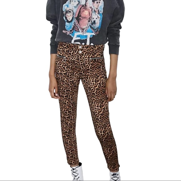 ZARA Leopard Mid Rise Skinny Pants Size 6 - Picture 2 of 10